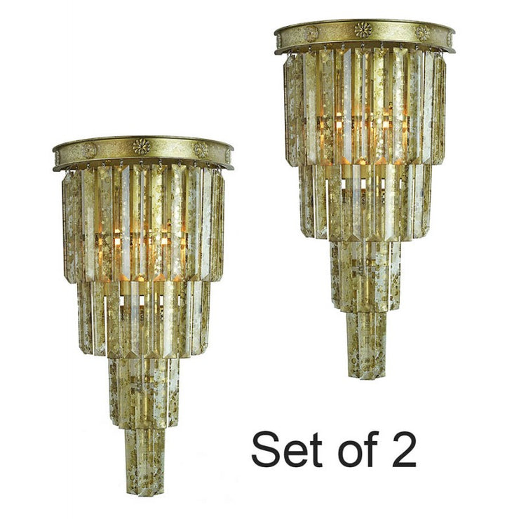 Provence Home Distressed Mirrored Glass Crystals Set of 2 Wall Sconces