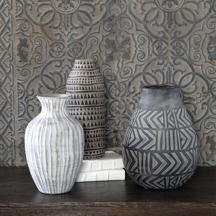 Uttermost Natchez Light Gray, Charcoal and Beige Etched Earthenware Set of 3 Vases