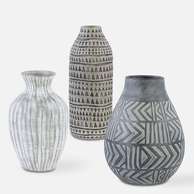 Uttermost Natchez Light Gray, Charcoal and Beige Etched Earthenware Set of 3 Vases