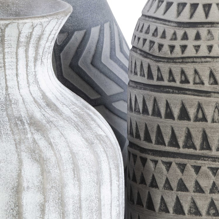 Uttermost Natchez Light Gray, Charcoal and Beige Etched Earthenware Set of 3 Vases