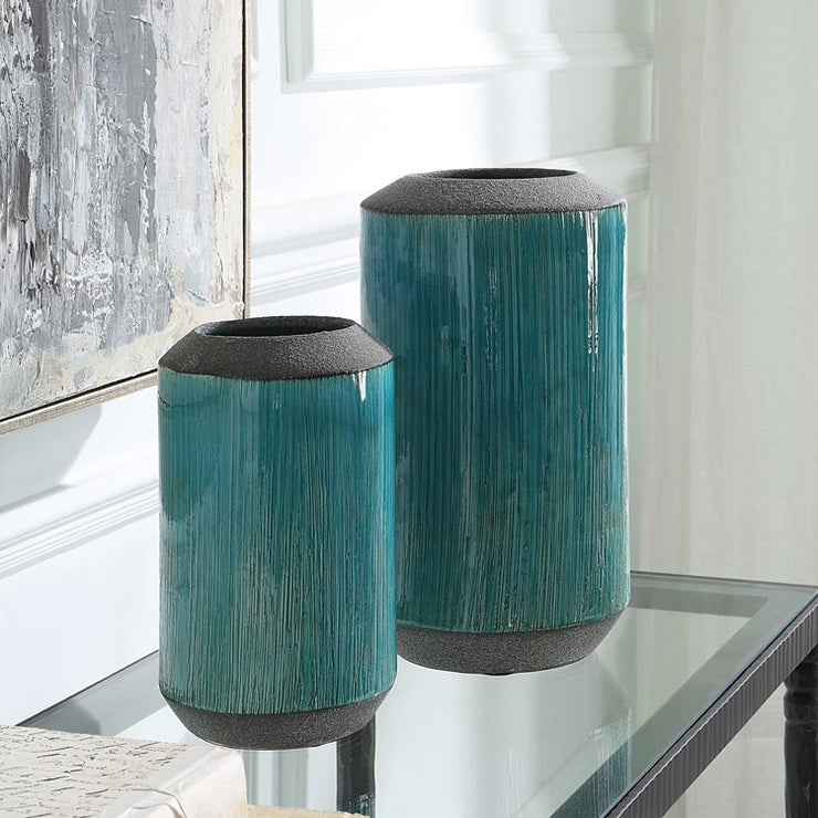 Uttermost Maui Aqua Blue Glaze Ceramic Set of 2 Vases