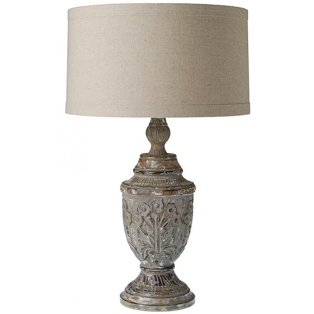 Provence Home Distressed Antique Charcoal Carved Wood Table Lamp with Linen Shade