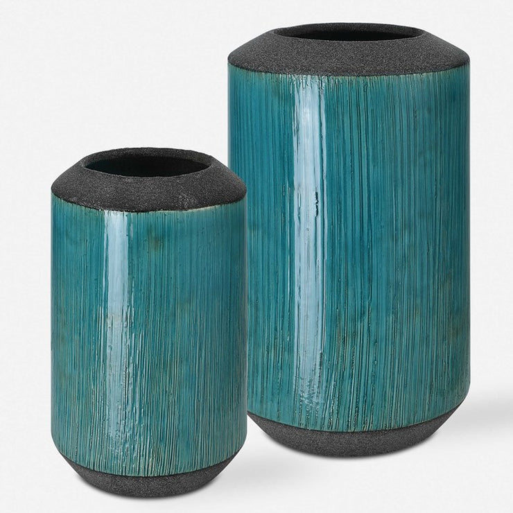 Uttermost Maui Aqua Blue Glaze Ceramic Set of 2 Vases