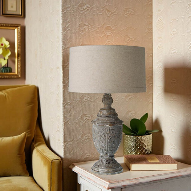 Provence Home Distressed Antique Charcoal Carved Wood Table Lamp with Linen Shade