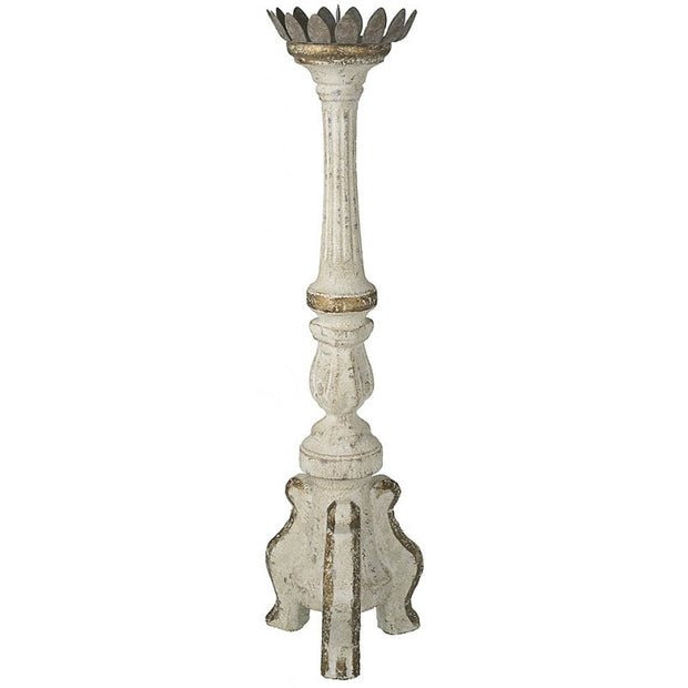Provence Home Distressed Off White with Aged Gold Carved Wood Candle Holder