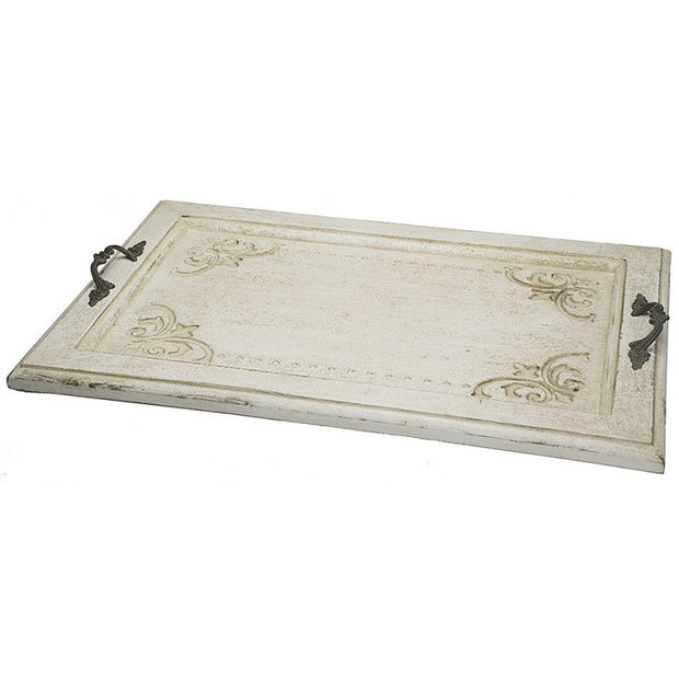 Provence Home Distressed Antique Cream Carved Wood Tray with Handles