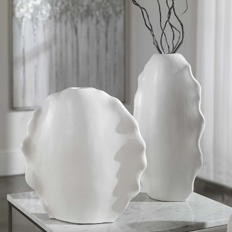 Uttermost Ruffled Feathers Matte White Glaze Ceramic Set of 2 Vases