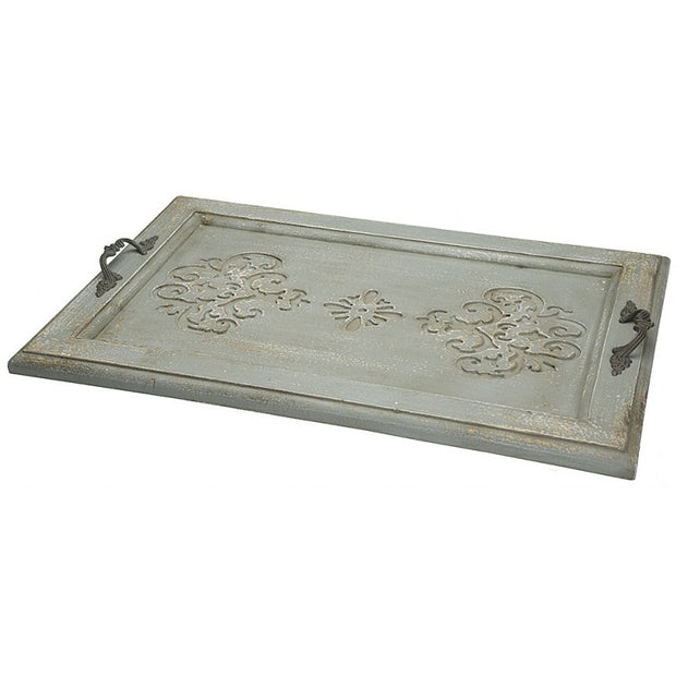 Provence Home Distressed Antique Gray Green Carved Wood Tray with Handles