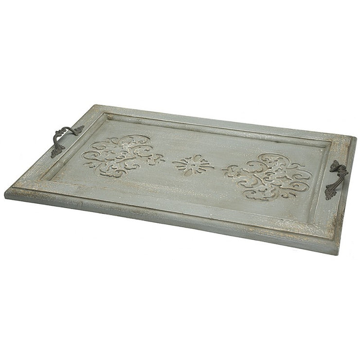 Provence Home Distressed Antique Gray Green Carved Wood Tray with Handles