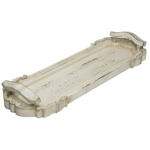 Provence Home Distressed Cream Carved Wood Tray with Handles