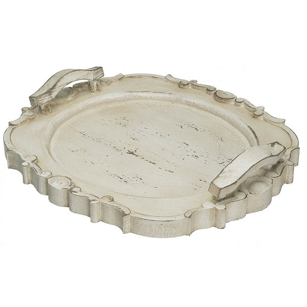 Provence Home Distressed Cream Carved Wood Serving Tray With Handles