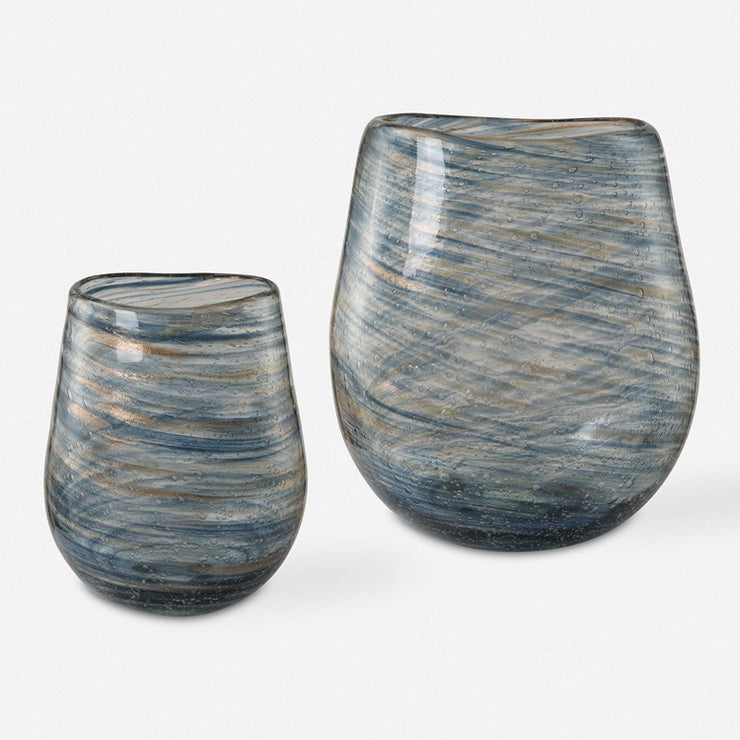 Uttermost Aurora Swirl Blue and Gold Bubble Glass Set of 2 Vases
