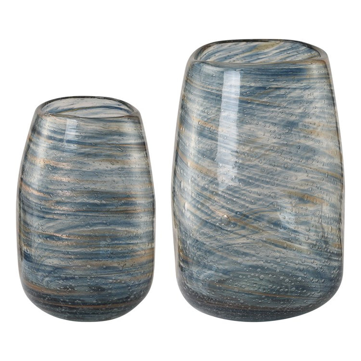 Uttermost Aurora Swirl Blue and Gold Bubble Glass Set of 2 Vases