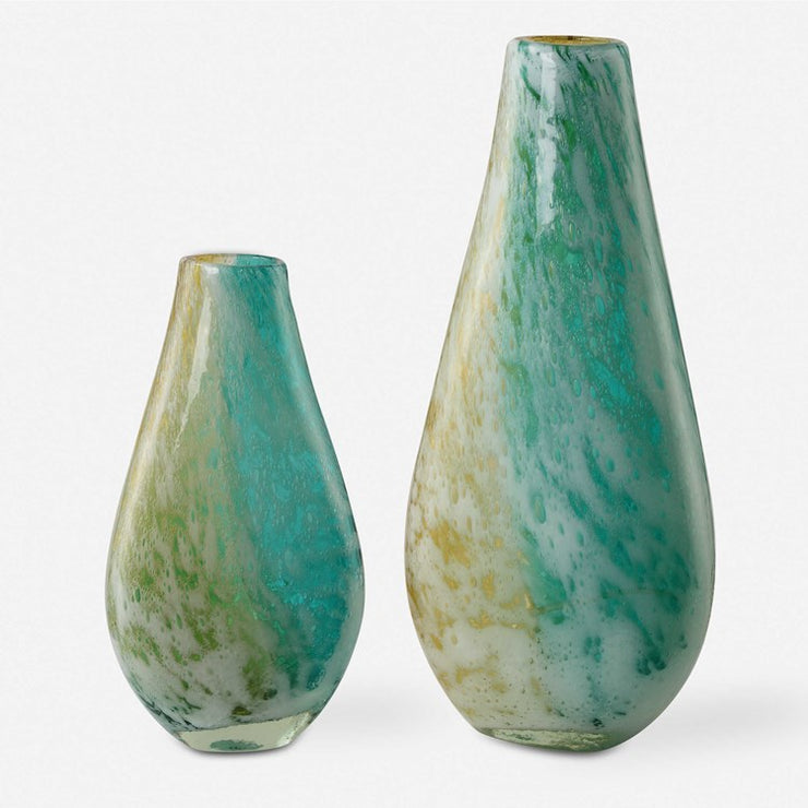 Uttermost High Tide Teal, Amber and Gold Bubble Glass Set of 2 Vases