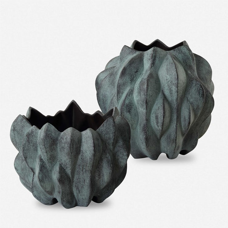 Uttermost Verdant Bronze Verdigris Glaze Ceramic Set of 2 Vases