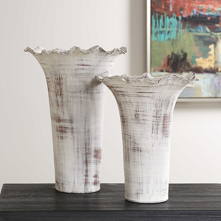 Uttermost Ruffled Petals Distressed White Ceramic Set of 2 Vases