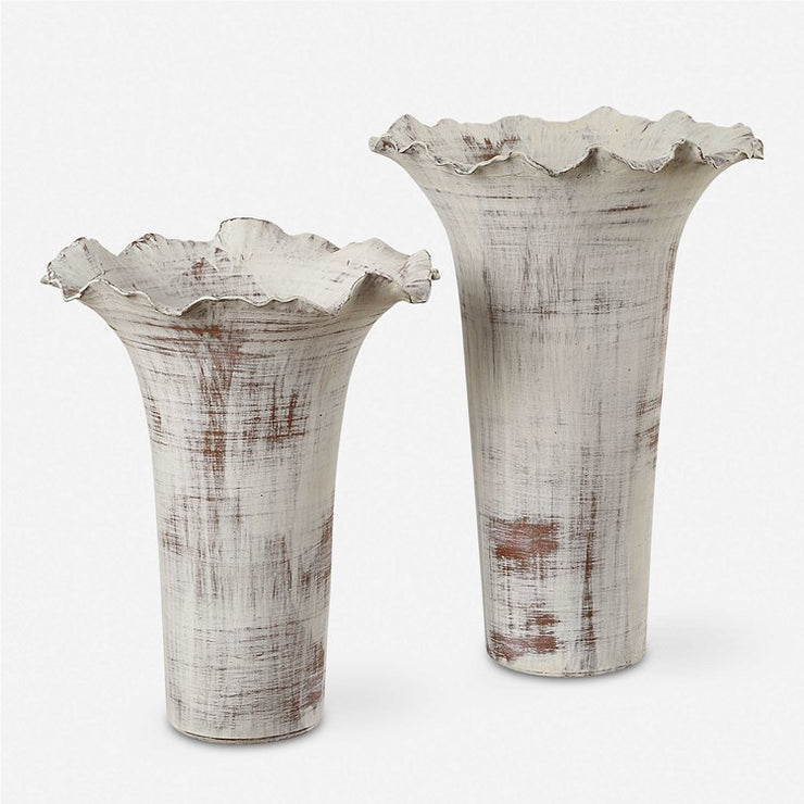 Uttermost Ruffled Petals Distressed White Ceramic Set of 2 Vases