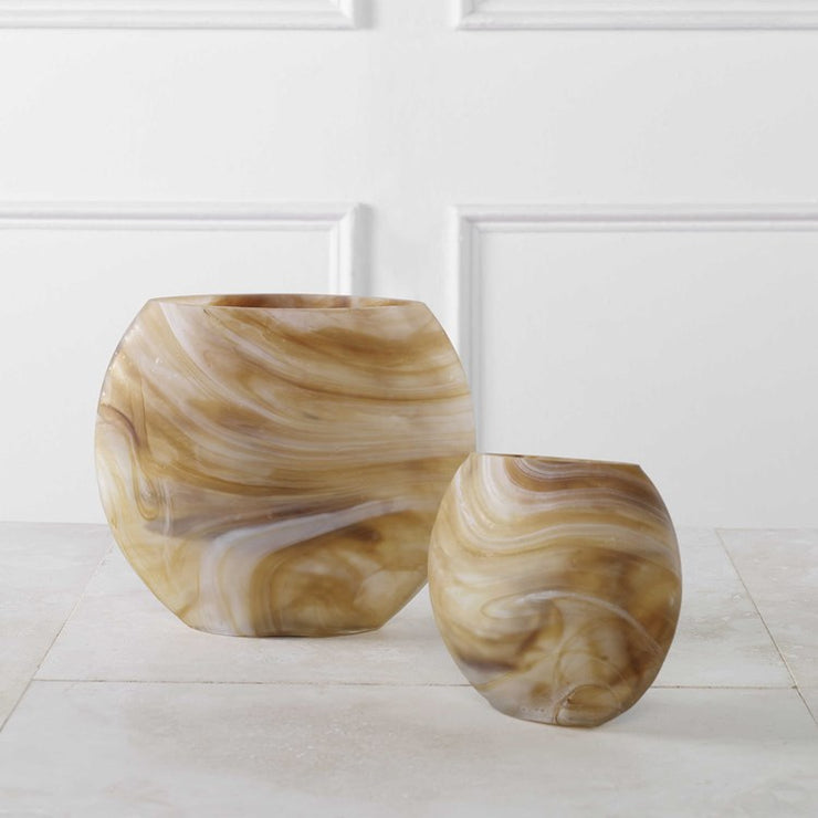 Uttermost Fushion Caramel, Ivory and Tan Swirled Glass Set of 2 Vases