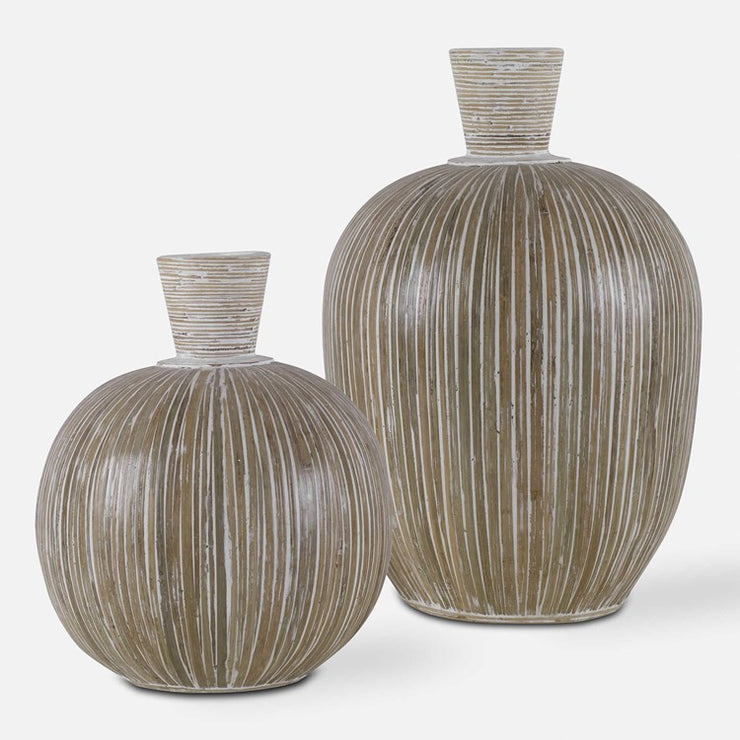 Uttermost Islander Natural Bamboo and Washed White Terracotta Set of 2 Vases