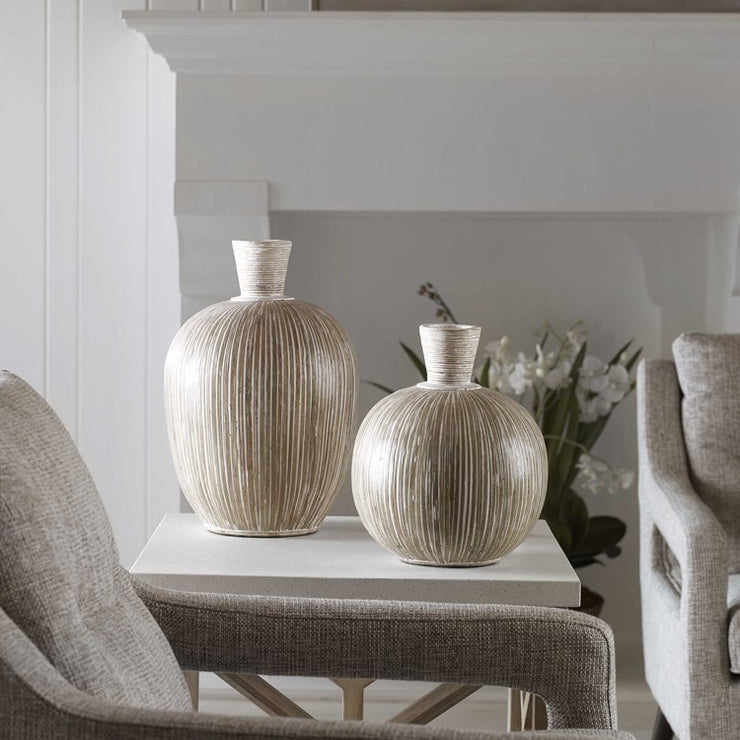 Uttermost Islander Natural Bamboo and Washed White Terracotta Set of 2 Vases