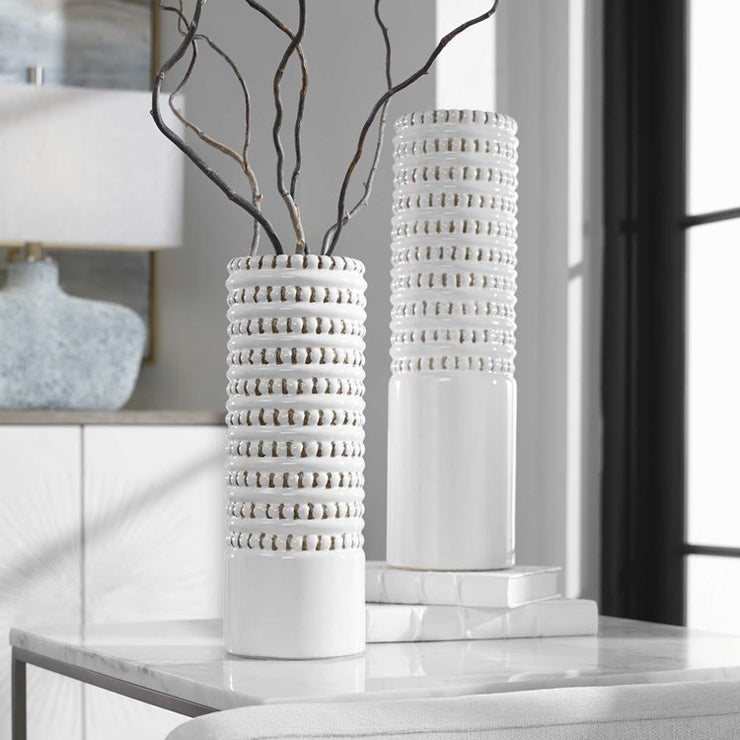 Uttermost Angelou White and Taupe Textured Ceramic Set of 2 Vases