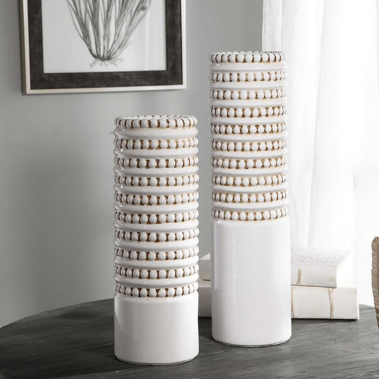 Uttermost Angelou White and Taupe Textured Ceramic Set of 2 Vases