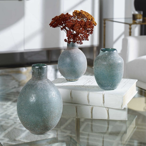 Uttermost Mercede Blue Green Glass Set of 3 Vases