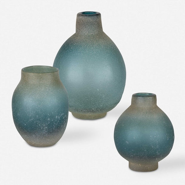 Uttermost Mercede Blue Green Glass Set of 3 Vases