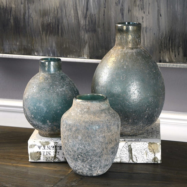 Uttermost Mercede Blue Green Glass Set of 3 Vases