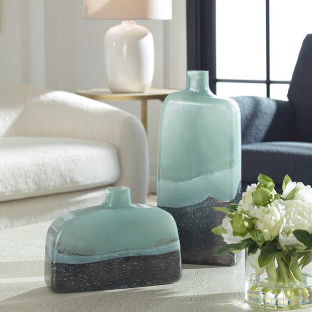 Uttermost Fuze Aqua and Bronze Glass Set of 2 Vases