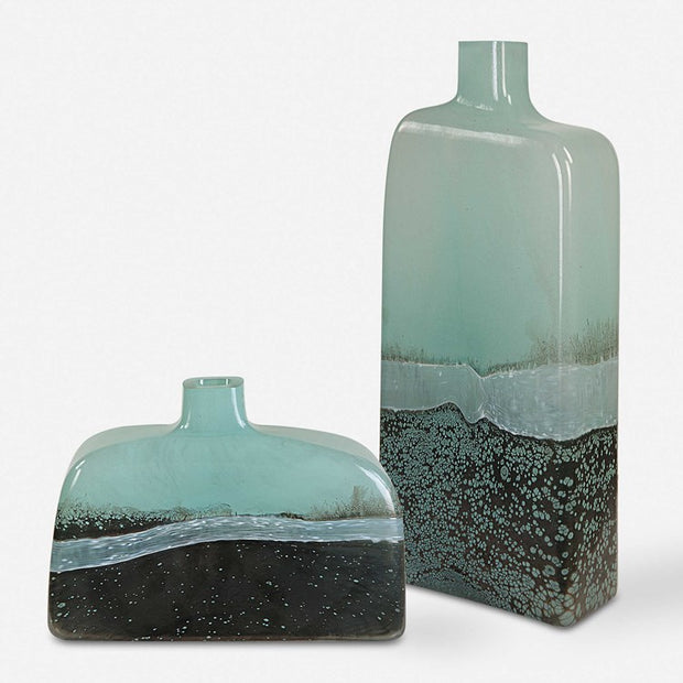 Uttermost Fuze Aqua and Bronze Glass Set of 2 Vases
