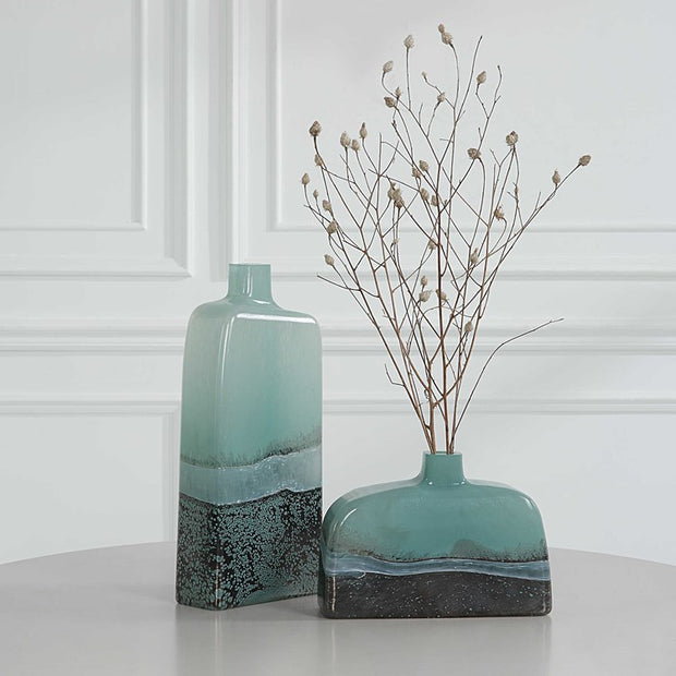 Uttermost Fuze Aqua and Bronze Glass Set of 2 Vases
