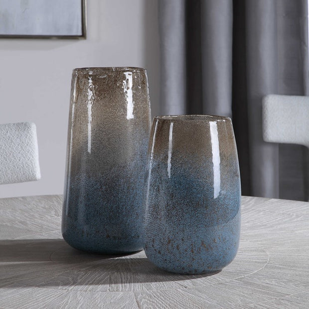 Uttermost Ione Taupe and Blue Ombré Seeded Glass Set of 2 Vases