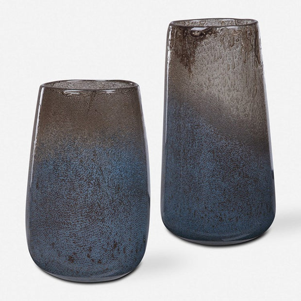 Uttermost Ione Taupe and Blue Ombré Seeded Glass Set of 2 Vases