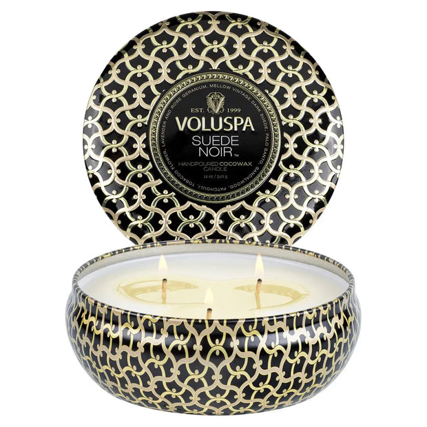 Voluspa Suede Noir 3 Wick Tin Candle