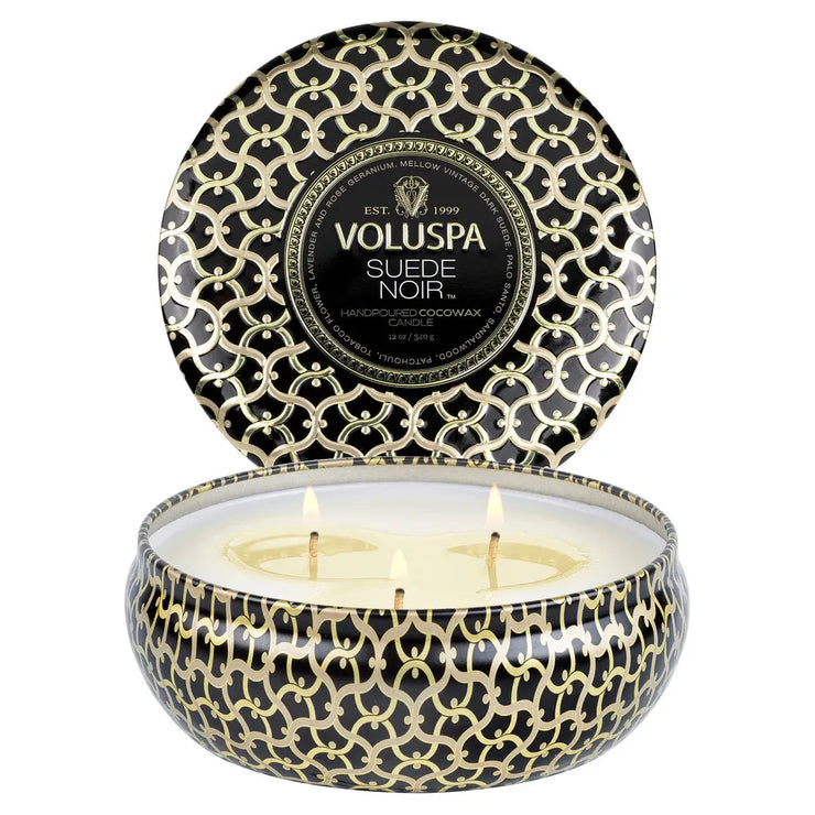 Voluspa Suede Noir 3 Wick Tin Candle