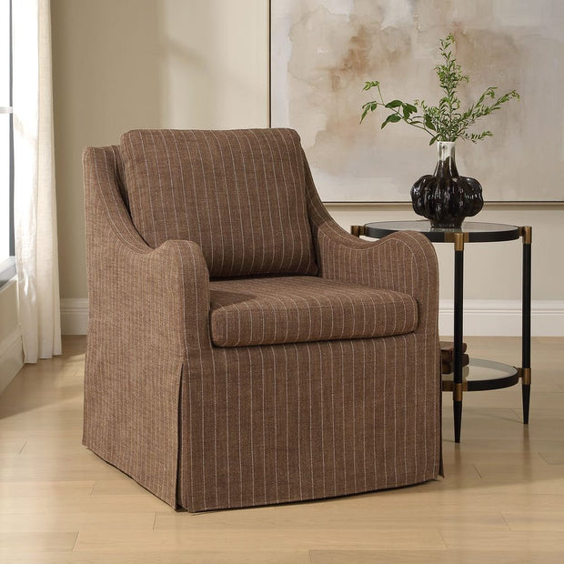 Uttermost Luisa Teak Brown With Linen Pinstripe Swivel Chair