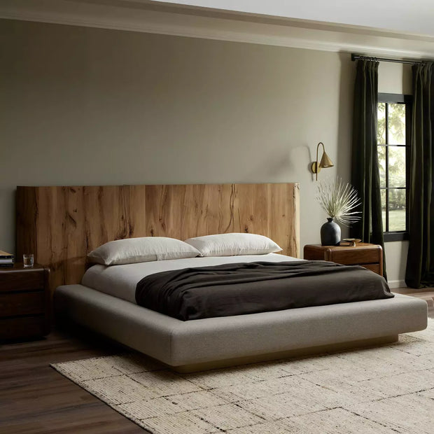 Four Hands Lara Low Profile Extra Wide Headboard Bed ~ Plinth Base Linen Blend Upholstered King Size Bed