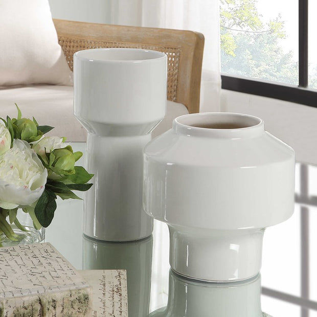 Uttermost Illuminia Gloss White Glazed Ceramic Set of 2 Vases