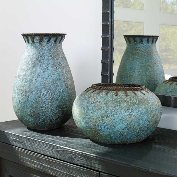 Uttermost Bisbee Coffee Brown and Turquoise Glazed Terracotta Set of 2 Vases
