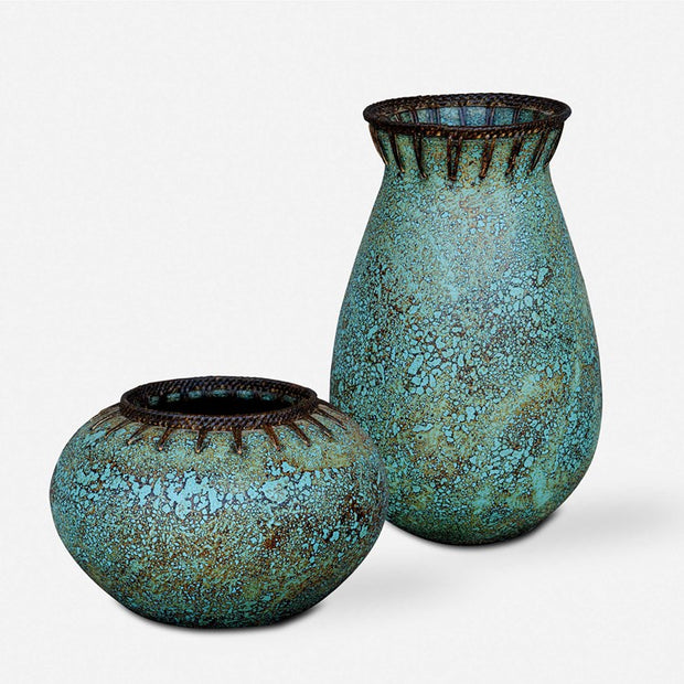 Uttermost Bisbee Coffee Brown and Turquoise Glazed Terracotta Set of 2 Vases