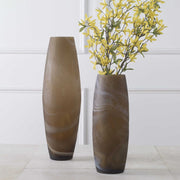 Uttermost Delicate Swirl Caramel Brown and Ivory Glass Set of 2 Vases
