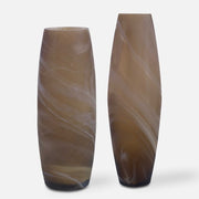 Uttermost Delicate Swirl Caramel Brown and Ivory Glass Set of 2 Vases