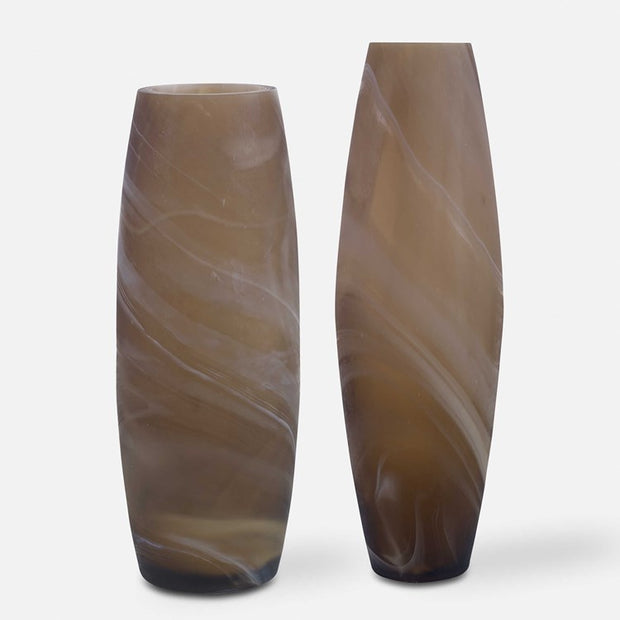 Uttermost Delicate Swirl Caramel Brown and Ivory Glass Set of 2 Vases