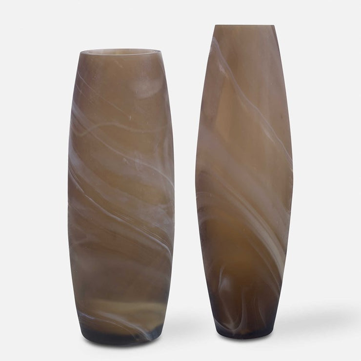 Uttermost Delicate Swirl Caramel Brown and Ivory Glass Set of 2 Vases