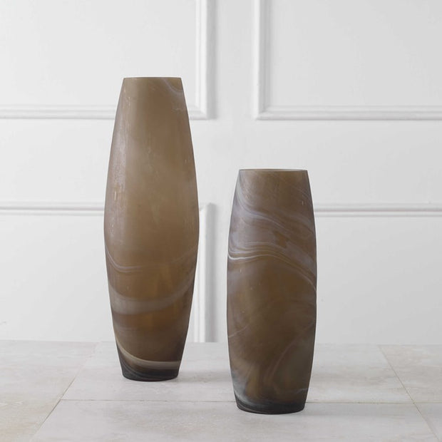 Uttermost Delicate Swirl Caramel Brown and Ivory Glass Set of 2 Vases