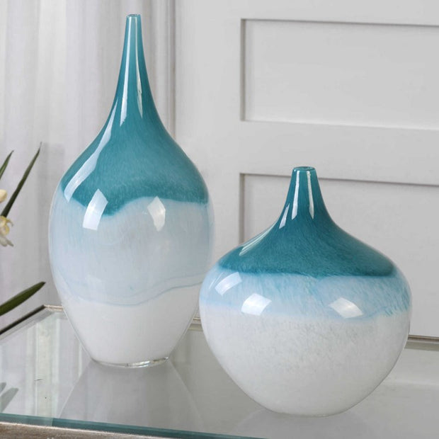 Uttermost Carla Teal Green and White Glass Set of 2 Vases