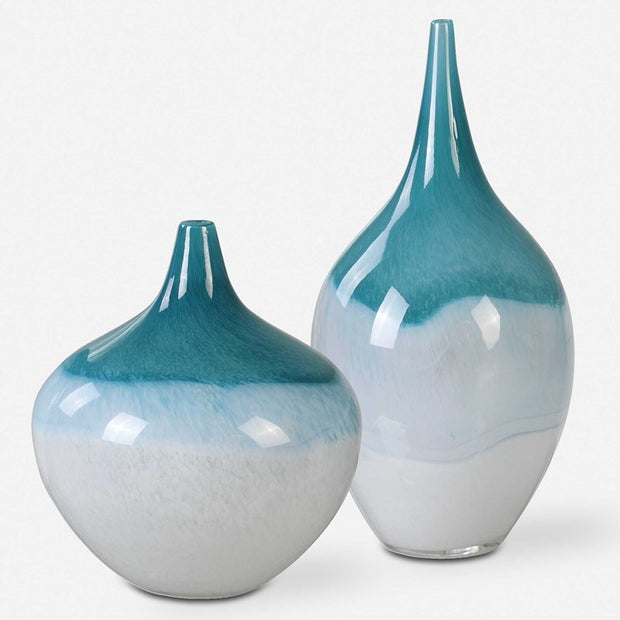 Uttermost Carla Teal Green and White Glass Set of 2 Vases