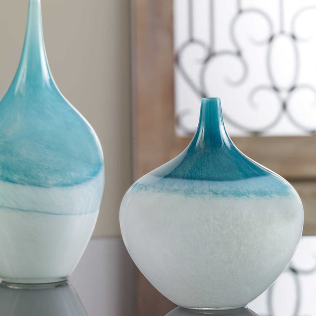Uttermost Carla Teal Green and White Glass Set of 2 Vases