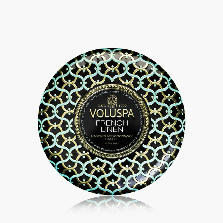 Voluspa French Linen 3 Wick Tin Candle ~ 12oz
